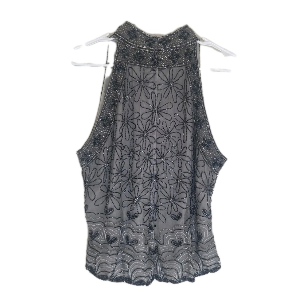 VTG Papell Boutique Evening Silk Beaded Top XL Grey Floral Sleeveless AS-IS - Picture 2 of 12